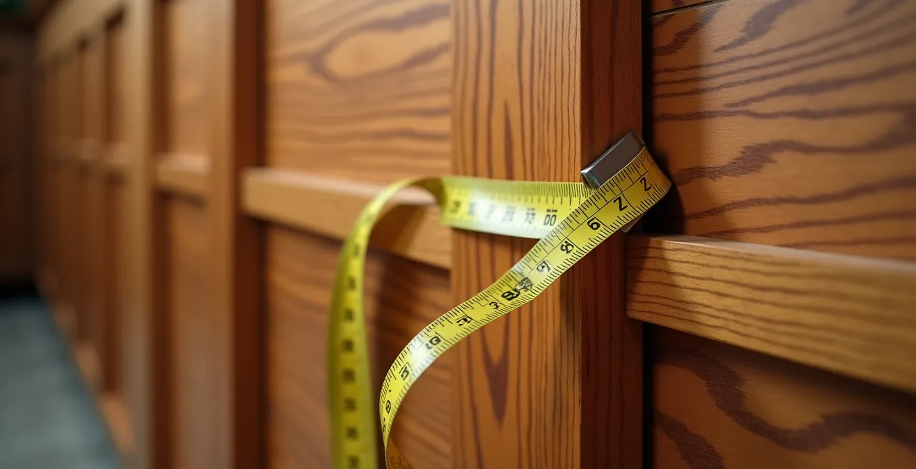 Vue détaillée d'un coin dressing avec mètre ruban et angles complexes