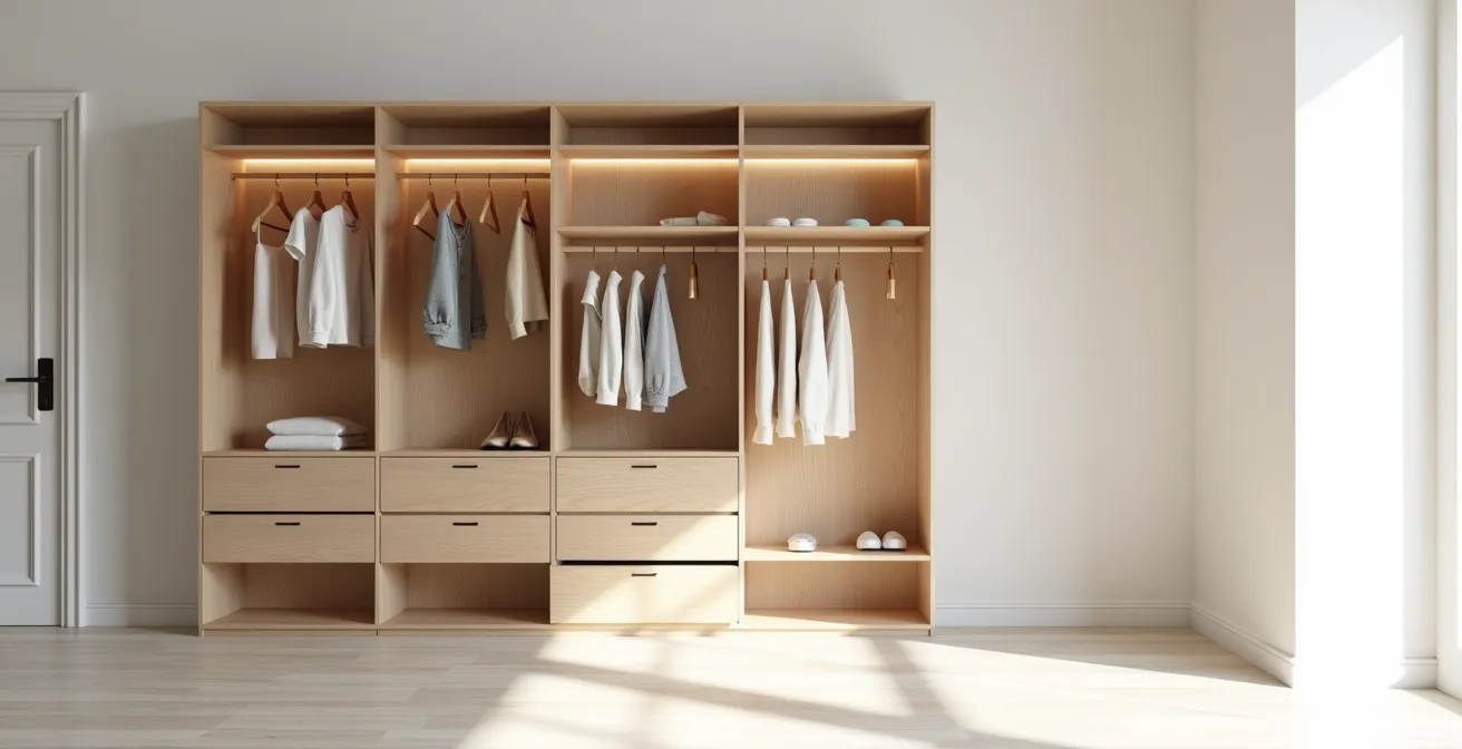 Intérieur de dressing modulaire avec éclairage intégré et rangements optimisés